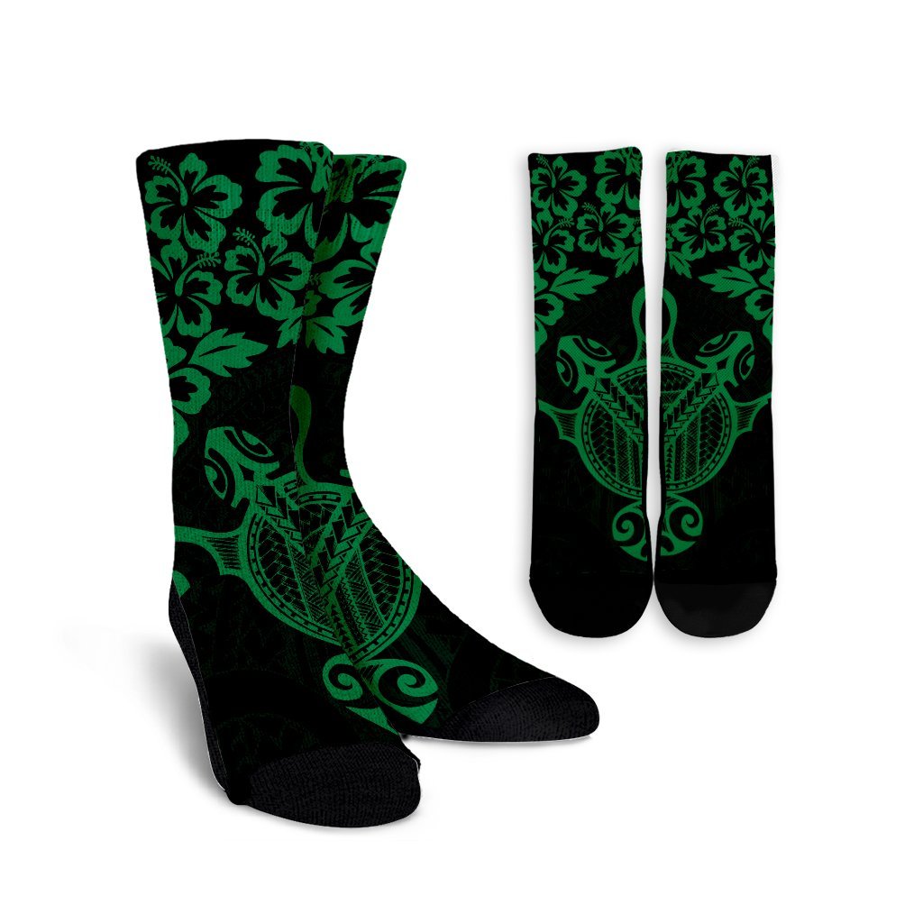 Hawaiian Map Turtle Hibiscus Kanaka Polynesian Crew Socks - Green - AH Crew Socks White - Polynesian Pride
