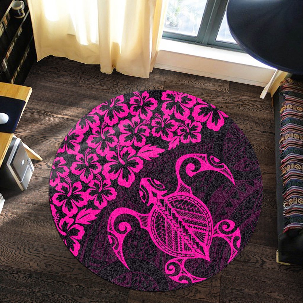 Hawaiian Map Turtle Hibiscus Kanaka Polynesian Round Carpet - Pink - AH - Polynesian Pride
