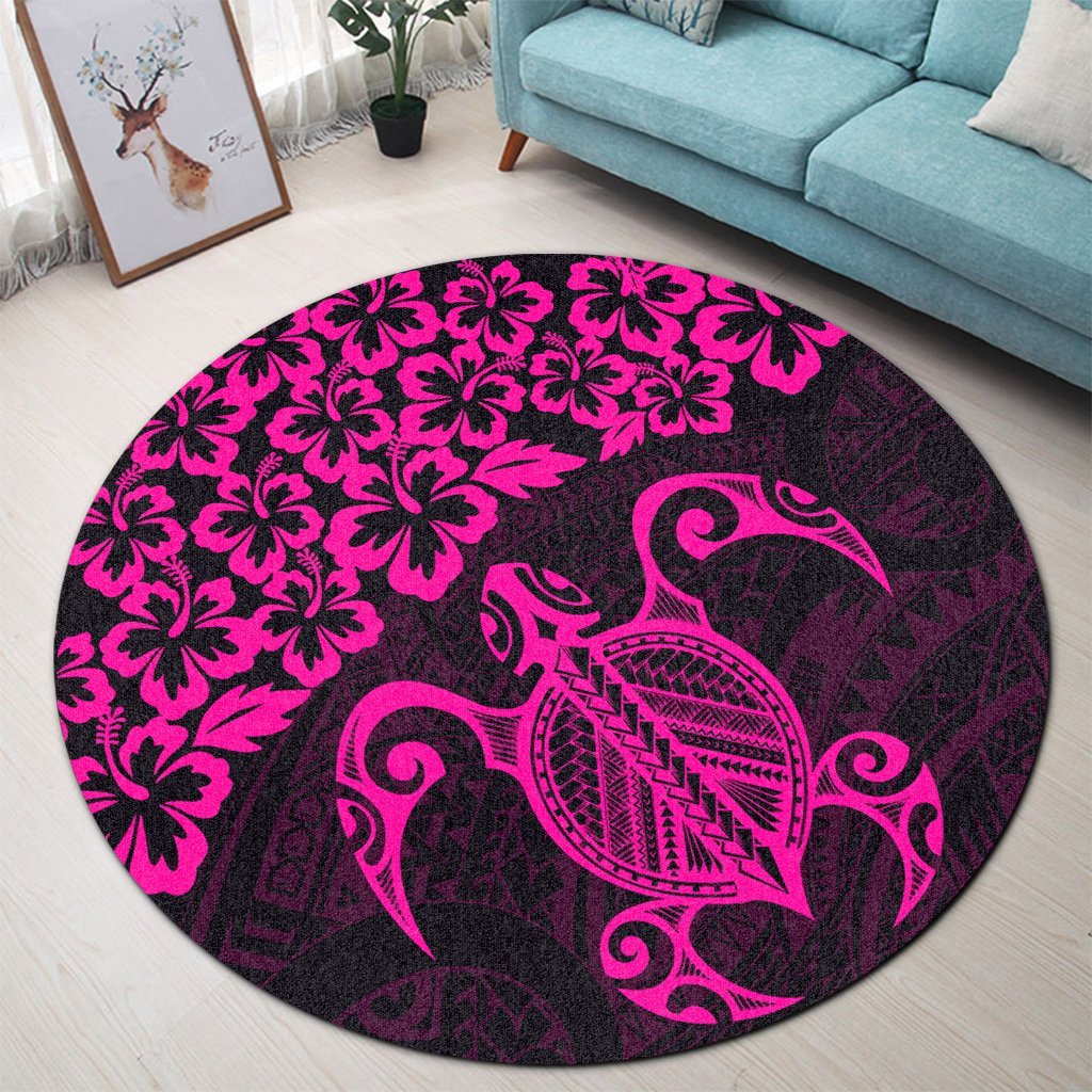 Hawaiian Map Turtle Hibiscus Kanaka Polynesian Round Carpet - Pink - AH - Polynesian Pride