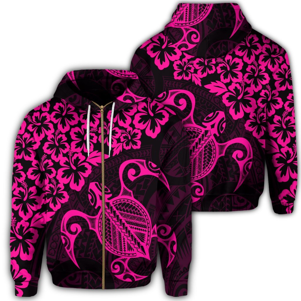 Hawaiian Map Turtle Hibiscus Kanaka Polynesian Zip Hoodie Pink Unisex Art - Polynesian Pride