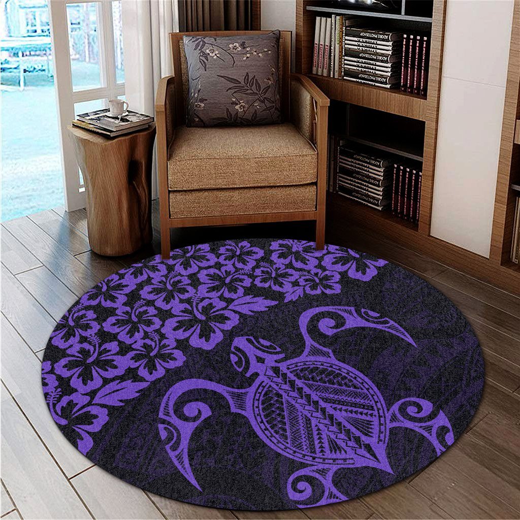Hawaiian Map Turtle Hibiscus Kanaka Polynesian Round Carpet - Purple - AH - Polynesian Pride