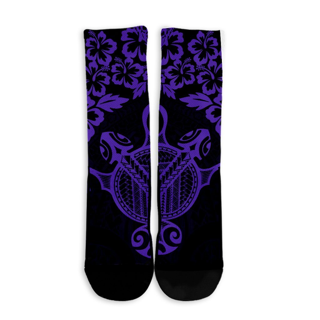 Hawaiian Map Turtle Hibiscus Kanaka Polynesian Crew Socks - Purple - AH - Polynesian Pride