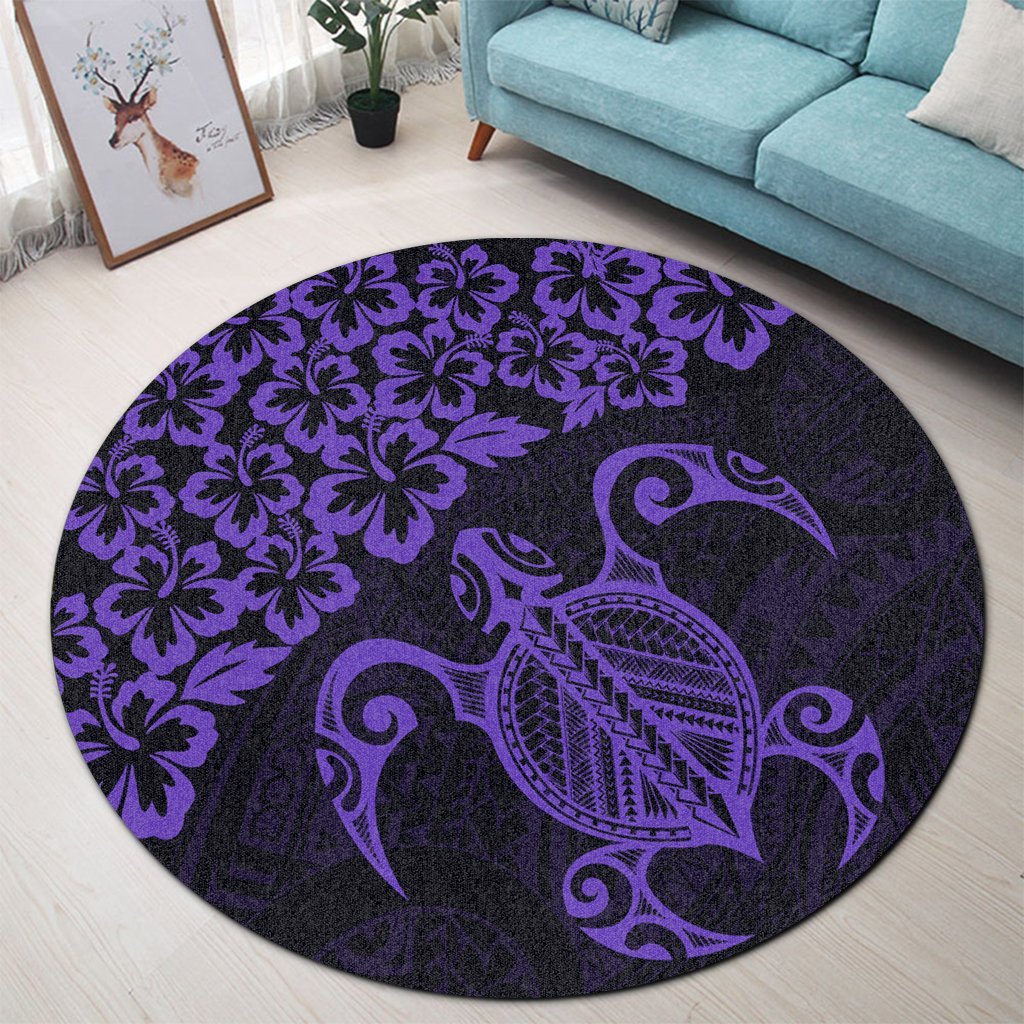 Hawaiian Map Turtle Hibiscus Kanaka Polynesian Round Carpet - Purple - AH - Polynesian Pride