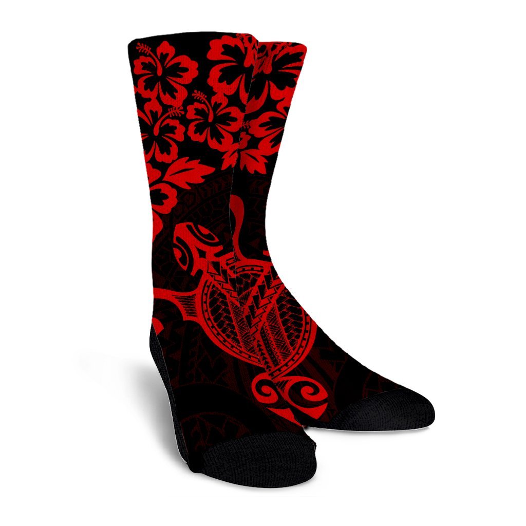 Hawaiian Map Turtle Hibiscus Kanaka Polynesian Crew Socks - Red - AH - Polynesian Pride