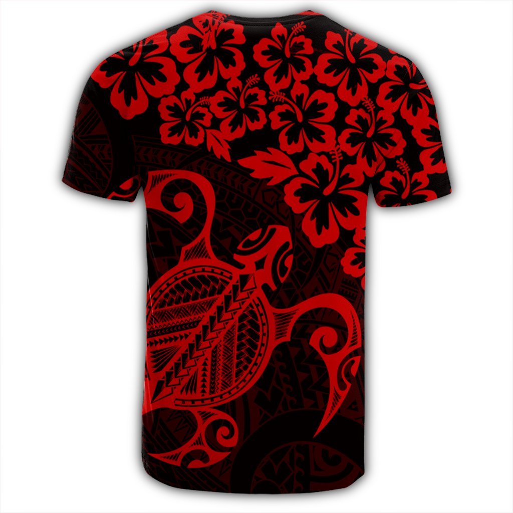 Hawaiian Map Turtle Hibiscus Kanaka Polynesian T Shirt Red - Polynesian Pride