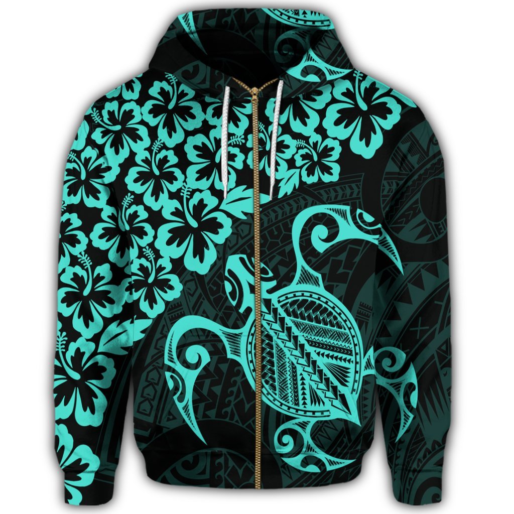 Hawaiian Map Turtle Hibiscus Kanaka Polynesian Zip Hoodie Turquoise - Polynesian Pride
