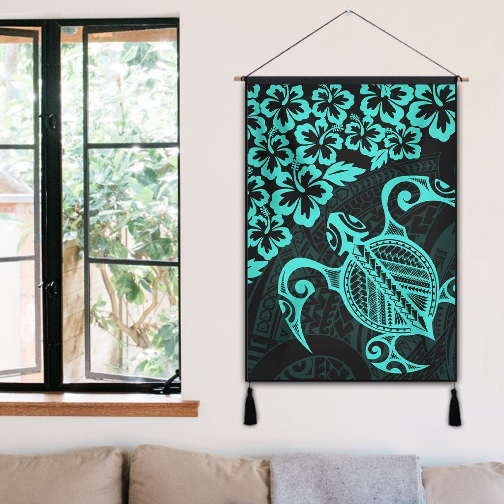 Hawaiian Map Turtle Hibiscus Kanaka Polynesian Hanging Poster - Turquoise - AH - Polynesian Pride