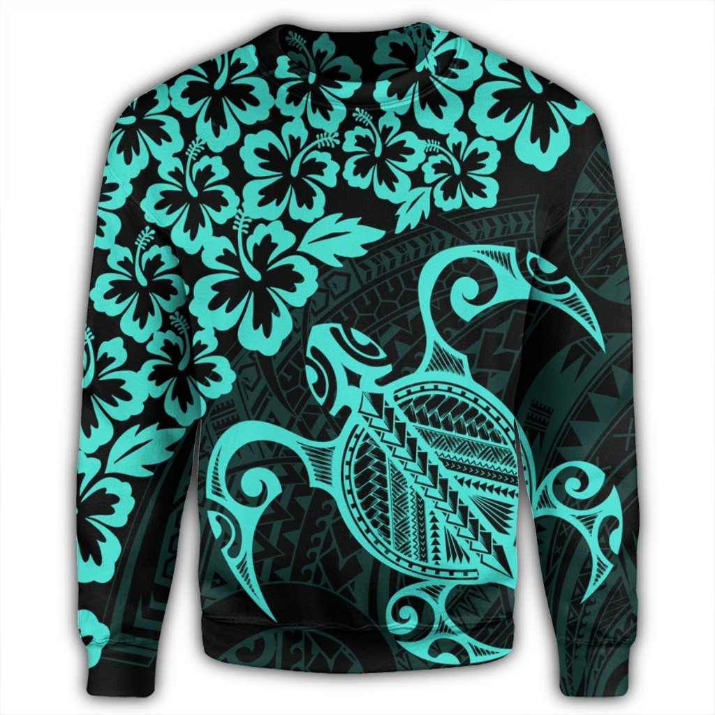 Hawaiian Map Turtle Hibiscus Kanaka Polynesian Sweatshirt - Turquoise - AH - Polynesian Pride