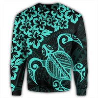 Hawaiian Map Turtle Hibiscus Kanaka Polynesian Sweatshirt - Turquoise - AH - Polynesian Pride
