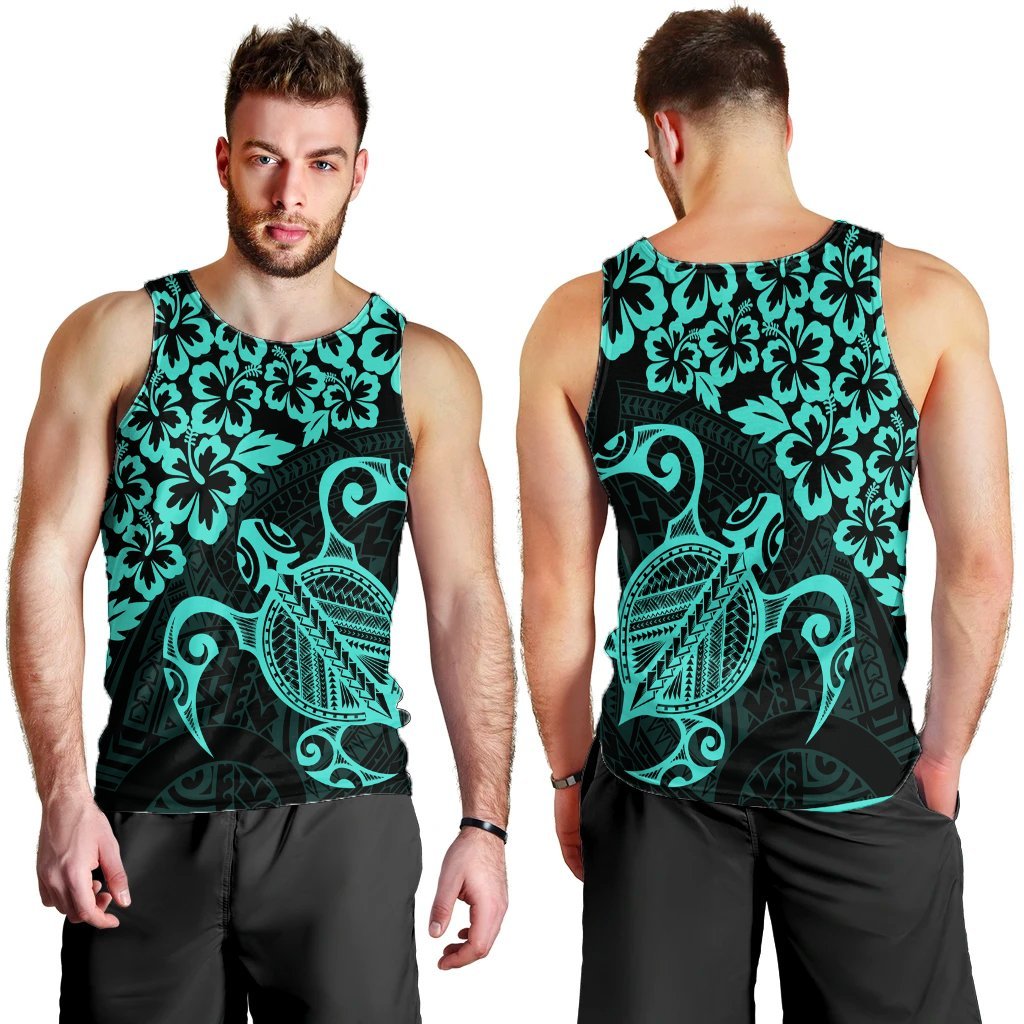 Hawaiian Map Turtle Hibiscus Kanaka Polynesian Tank Top - Turquoise - AH - Polynesian Pride