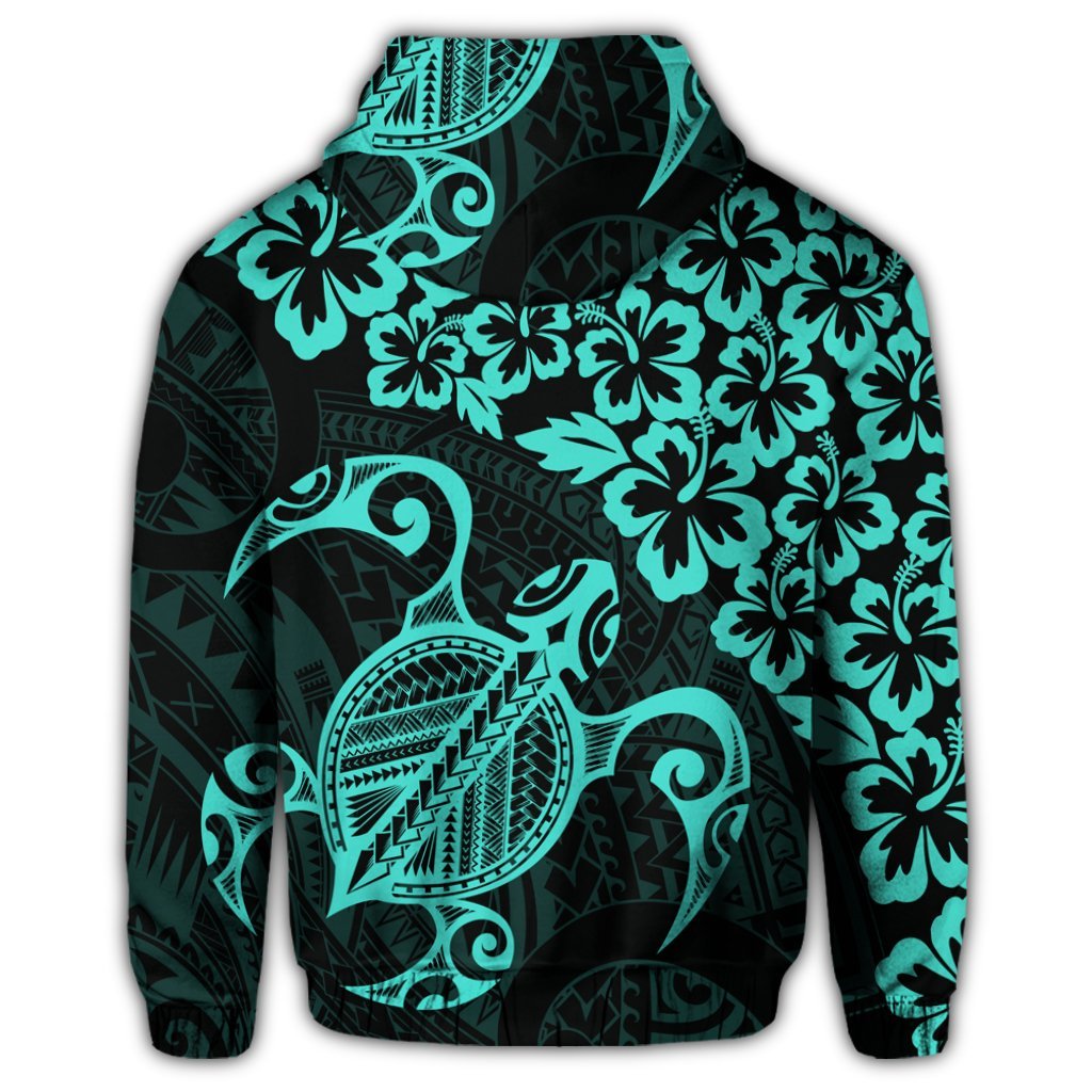 Hawaiian Map Turtle Hibiscus Kanaka Polynesian Zip Hoodie Turquoise - Polynesian Pride