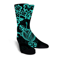 Hawaiian Map Turtle Hibiscus Kanaka Polynesian Crew Socks - Turquoise - AH - Polynesian Pride