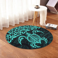 Hawaiian Map Turtle Hibiscus Kanaka Polynesian Round Carpet - Turquoise - AH - Polynesian Pride
