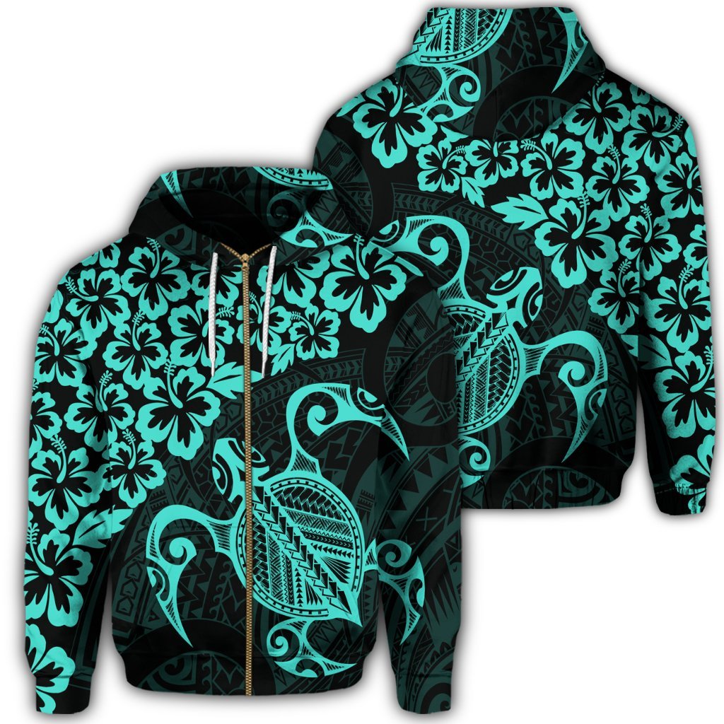 Hawaiian Map Turtle Hibiscus Kanaka Polynesian Zip Hoodie Turquoise Unisex Art - Polynesian Pride