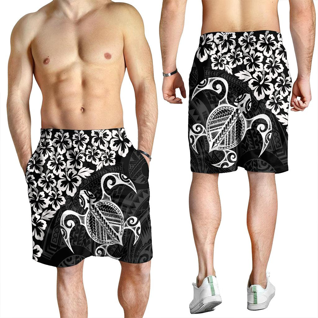 Hawaiian Map Turtle Hibiscus Kanaka Polynesian Men's Shorts - White - AH - Polynesian Pride