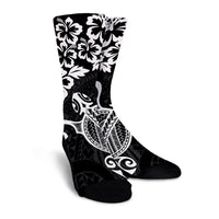 Hawaiian Map Turtle Hibiscus Kanaka Polynesian Crew Socks - White - AH - Polynesian Pride