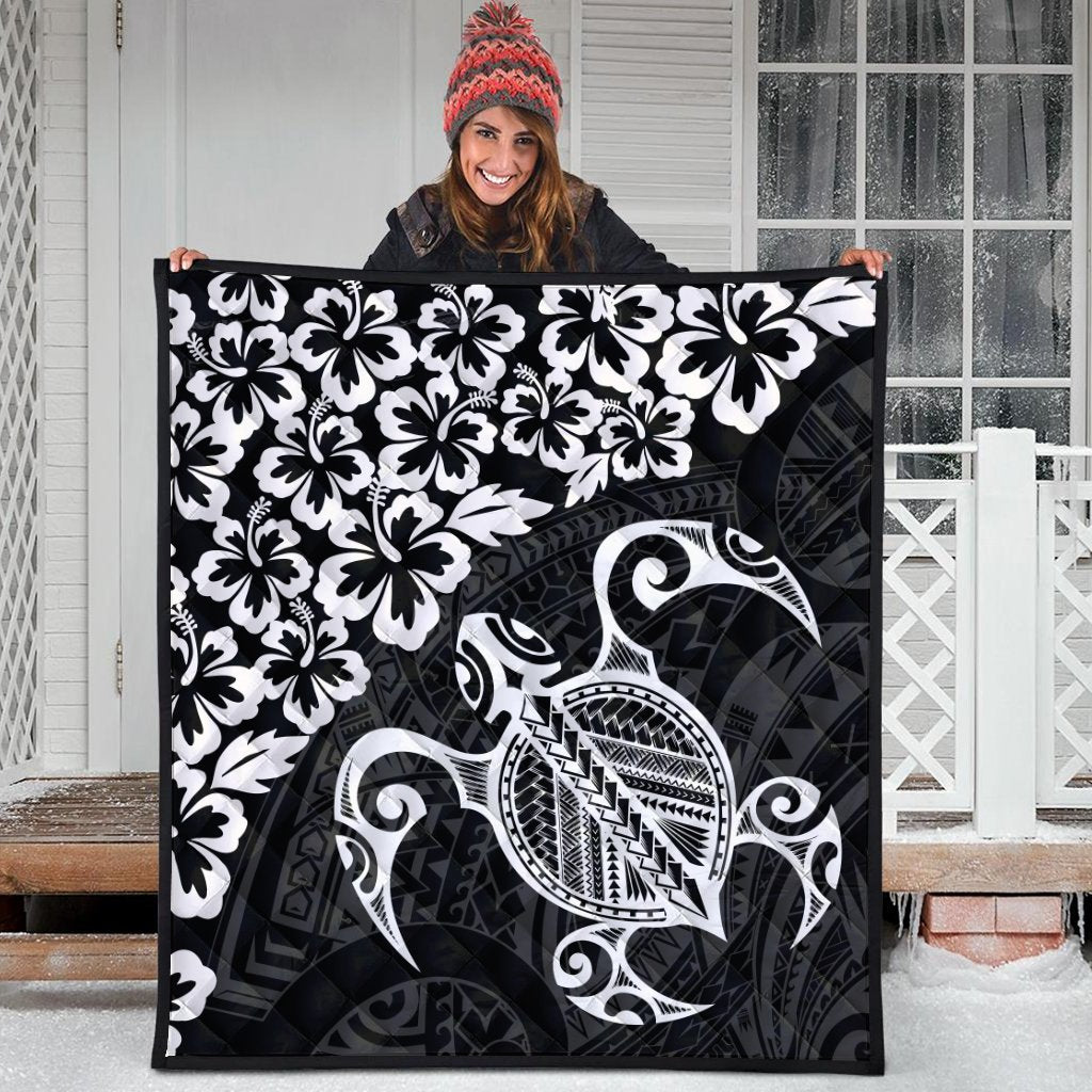 Hawaiian Map Turtle Hibiscus Kanaka Polynesian Premium Quilts - White - AH - Polynesian Pride