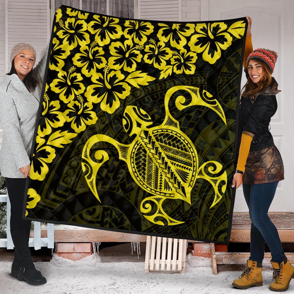 Hawaiian Map Turtle Hibiscus Kanaka Polynesian Premium Quilts - Yellow - AH - Polynesian Pride