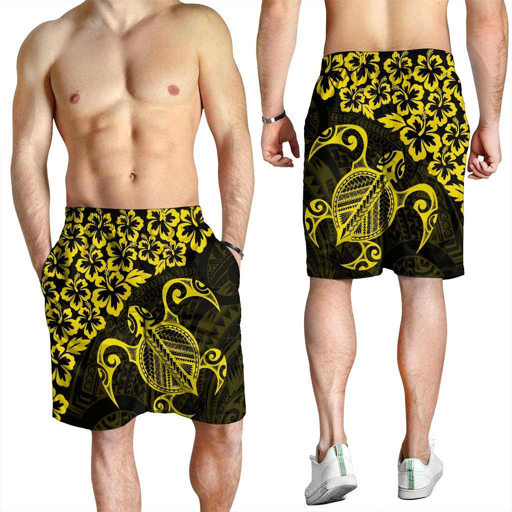 Hawaiian Map Turtle Hibiscus Kanaka Polynesian Men's Shorts - Yellow - AH - Polynesian Pride
