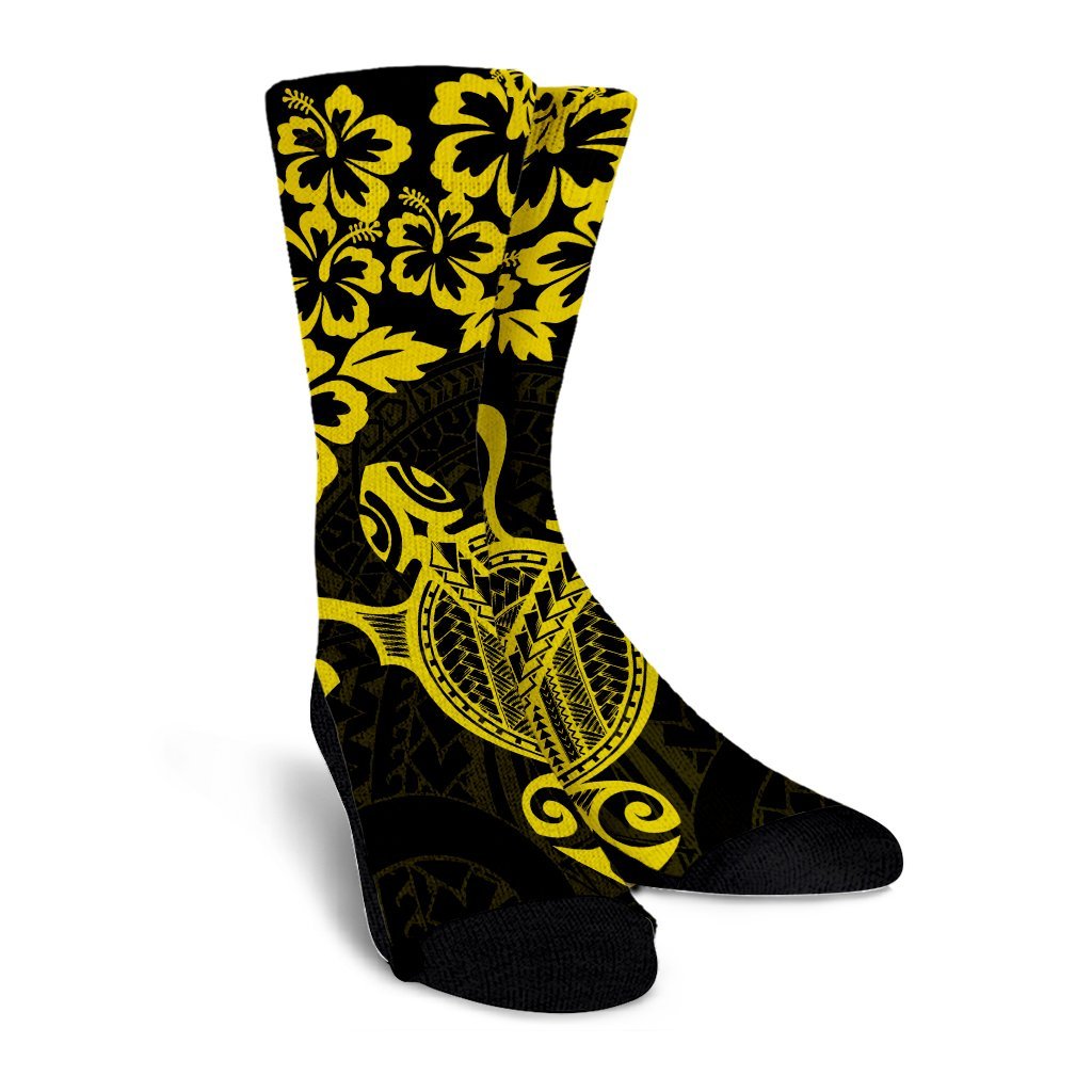 Hawaiian Map Turtle Hibiscus Kanaka Polynesian Crew Socks - Yellow - AH - Polynesian Pride