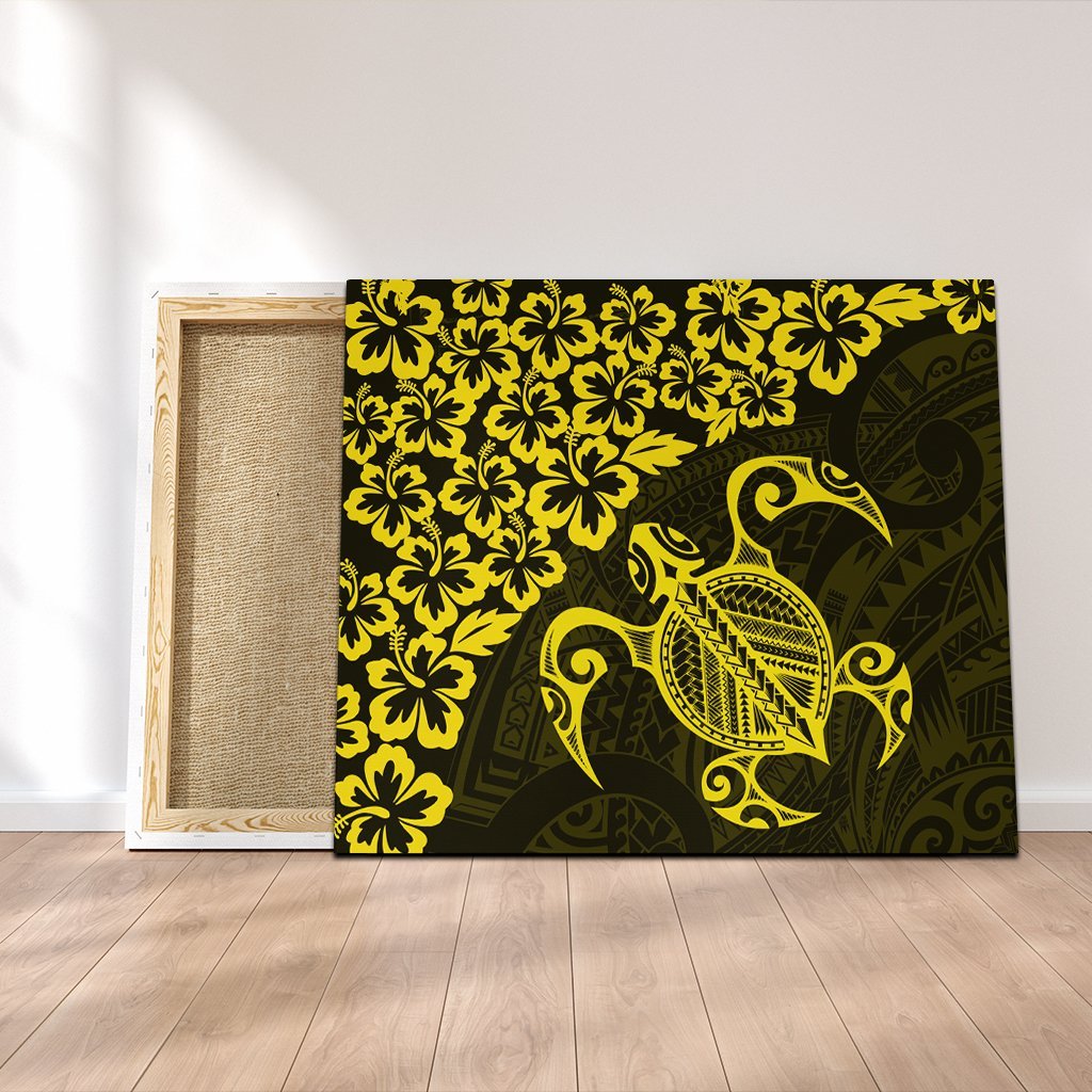 Hawaiian Map Turtle Hibiscus Kanaka Polynesian Canvas - Yellow - AH Canvas Poly-cotton - Polynesian Pride