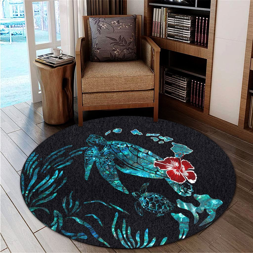 Hawaiian Map Turtle Hibiscus Ohana Honu Paua Shell Round Carpet - AH - Polynesian Pride