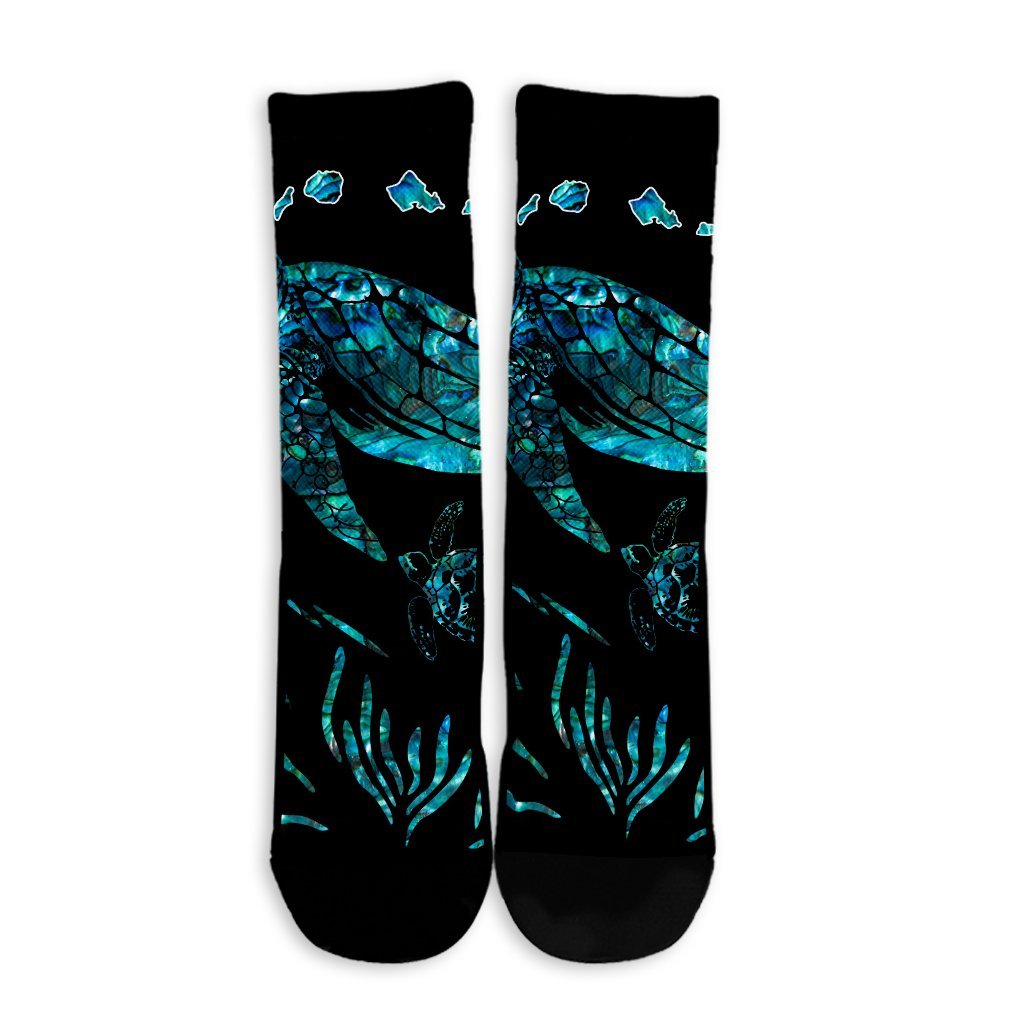 Hawaiian Map Turtle Hibiscus Ohana Honu Paua Shell Crew Socks - AH - Polynesian Pride