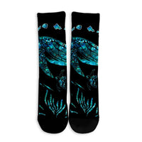Hawaiian Map Turtle Hibiscus Ohana Honu Paua Shell Crew Socks - AH - Polynesian Pride