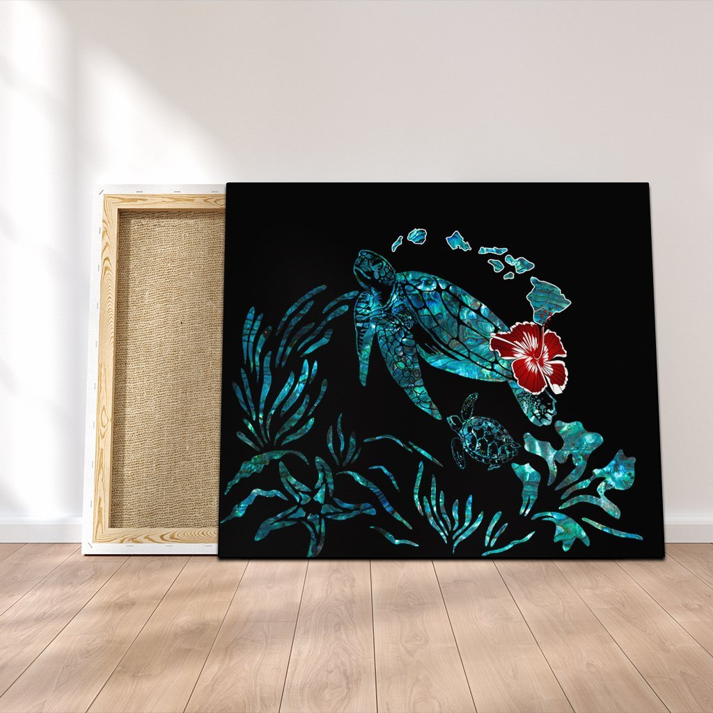 Hawaiian Map Turtle Hibiscus Ohana Honu Paua Shell Canvas - AH Canvas Poly-cotton - Polynesian Pride