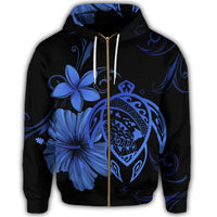 Hawaiian Map Turtle Hibiscus Plumeria Polynesian Zip Hoodie Blue - Polynesian Pride