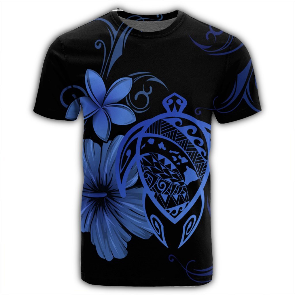 Hawaiian Map Turtle Hibiscus Plumeria Polynesian T Shirt Blue - Polynesian Pride