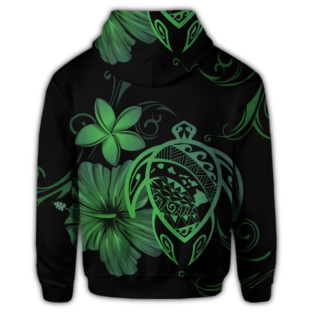 Hawaiian Map Turtle Hibiscus Plumeria Polynesian Zip Hoodie Green - Polynesian Pride