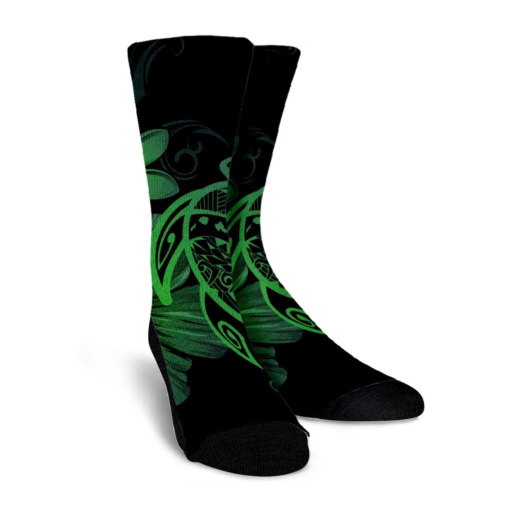 Hawaiian Map Turtle Hibiscus Plumeria Polynesian Crew Socks - Green - AH - Polynesian Pride