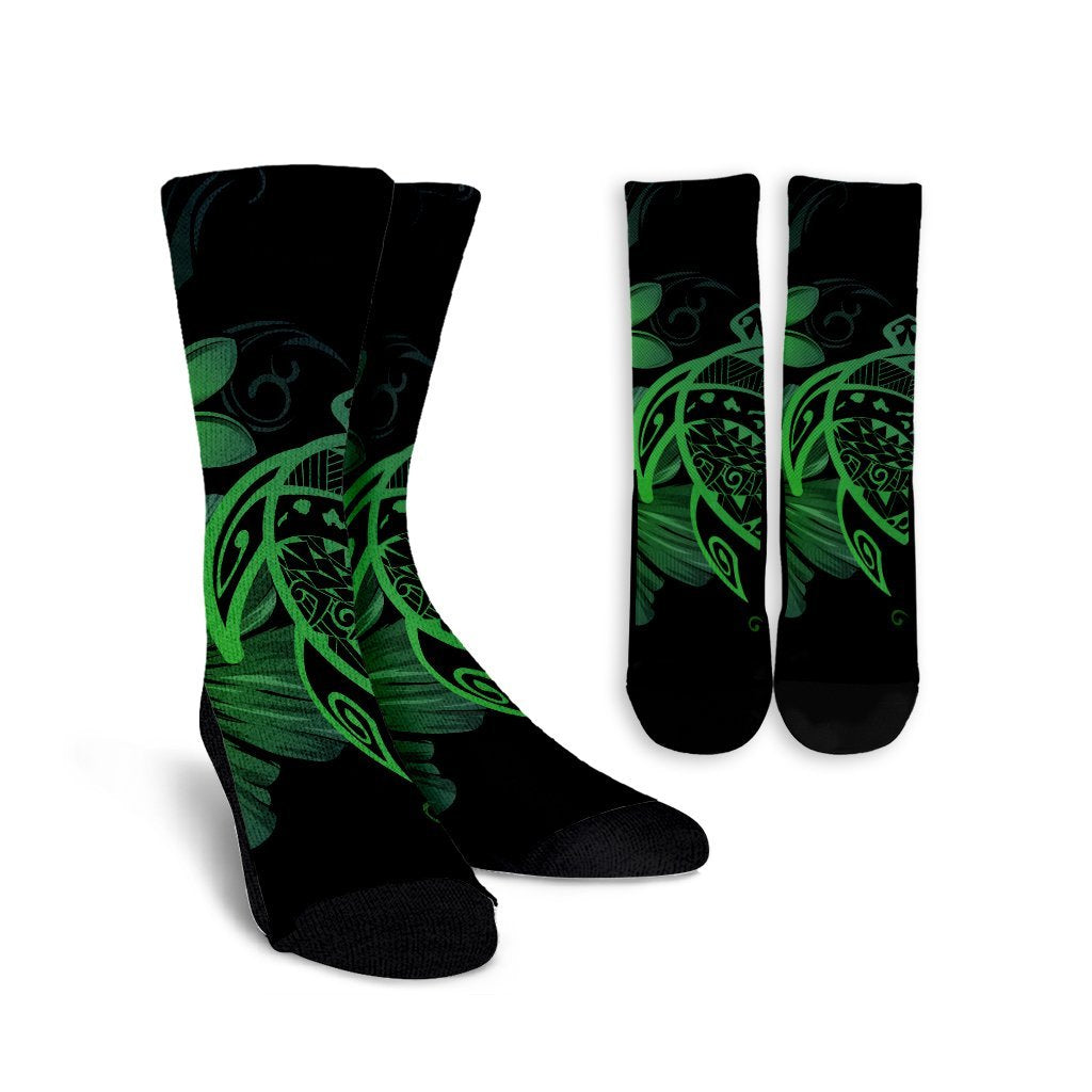 Hawaiian Map Turtle Hibiscus Plumeria Polynesian Crew Socks - Green - AH Crew Socks White - Polynesian Pride