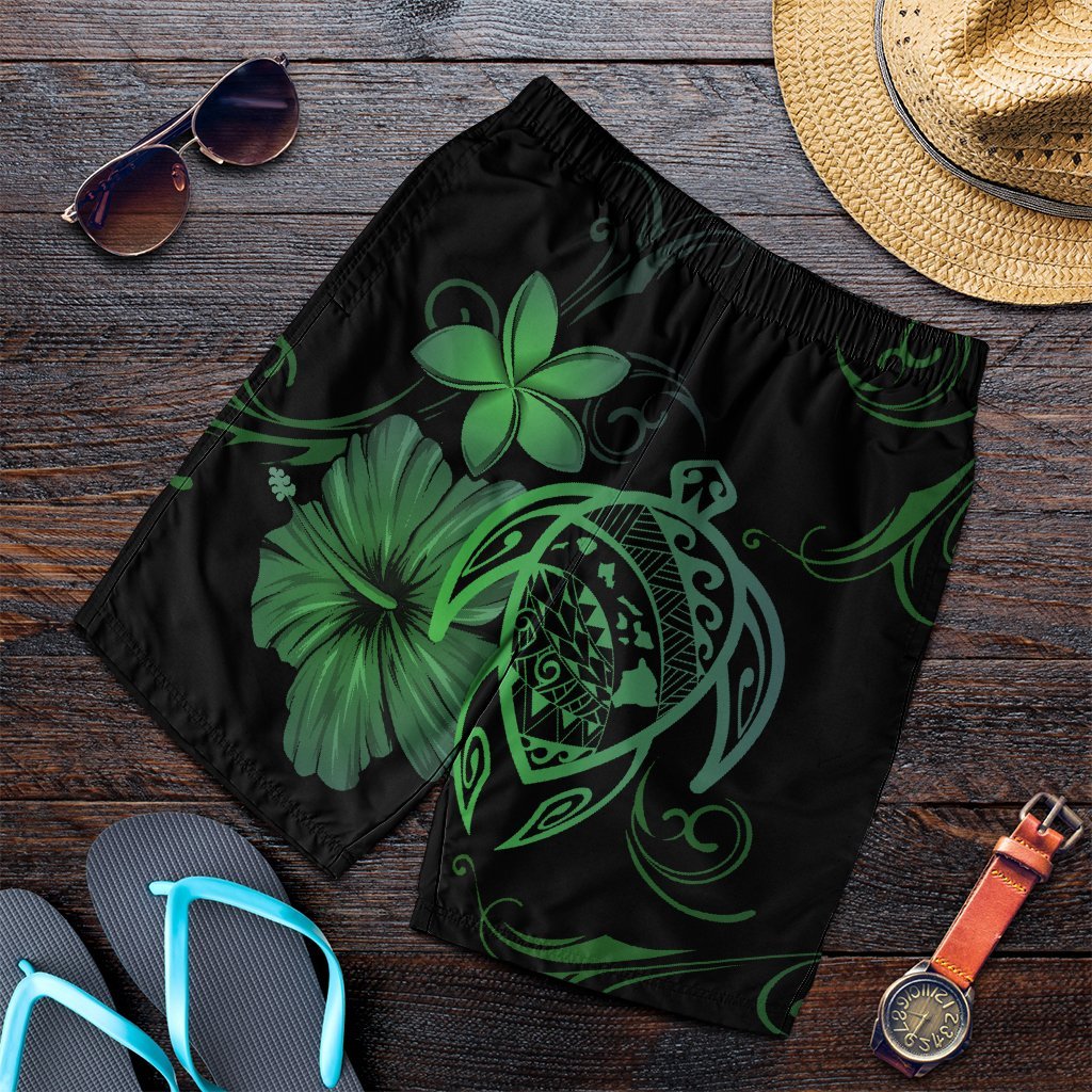 Hawaiian Map Turtle Hibiscus Plumeria Polynesian Men's Shorts - Green - AH Art - Polynesian Pride