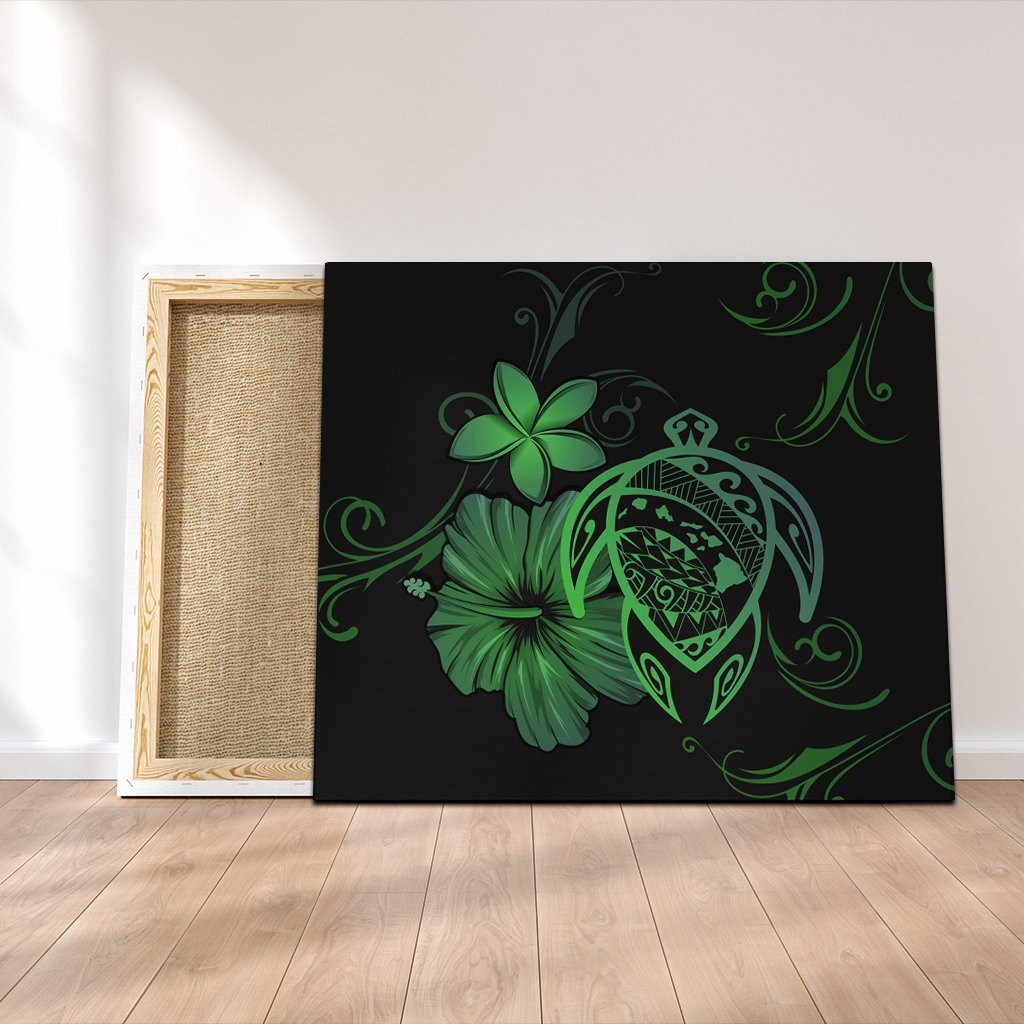Hawaiian Map Turtle Hibiscus Plumeria Polynesian Canvas - Green - AH Canvas Poly-cotton - Polynesian Pride