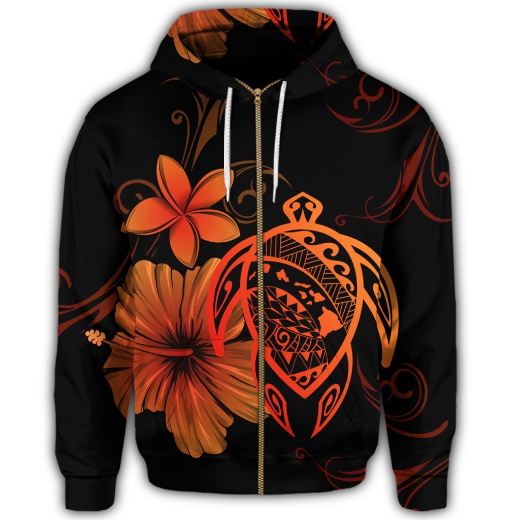 Hawaiian Map Turtle Hibiscus Plumeria Polynesian Zip Hoodie Orange - Polynesian Pride