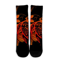 Hawaiian Map Turtle Hibiscus Plumeria Polynesian Crew Socks - Orange - AH - Polynesian Pride