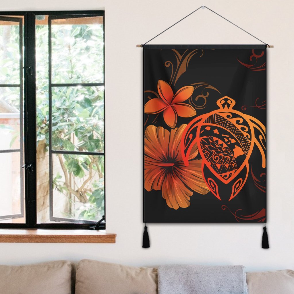 Hawaiian Map Turtle Hibiscus Plumeria Polynesian Hanging Poster - Orange - AH - Polynesian Pride