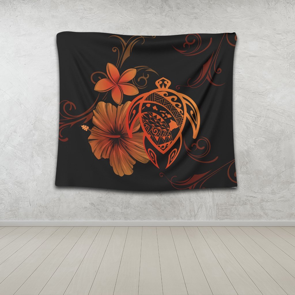 Hawaiian Map Turtle Hibiscus Plumeria Polynesian Tapestry - Orange - AH - Polynesian Pride