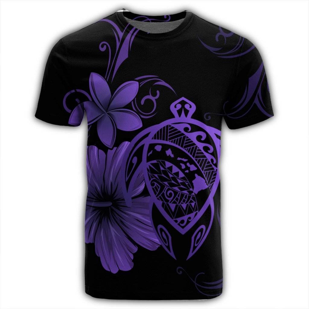 Hawaiian Map Turtle Hibiscus Plumeria Polynesian T Shirt Purple - Polynesian Pride