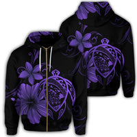 Hawaiian Map Turtle Hibiscus Plumeria Polynesian Zip Hoodie Purple Unisex Art - Polynesian Pride