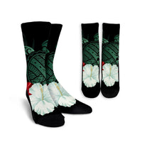 Hawaiian Map Turtle Hibiscus Polynesian Crew Socks - AH Crew Socks White - Polynesian Pride