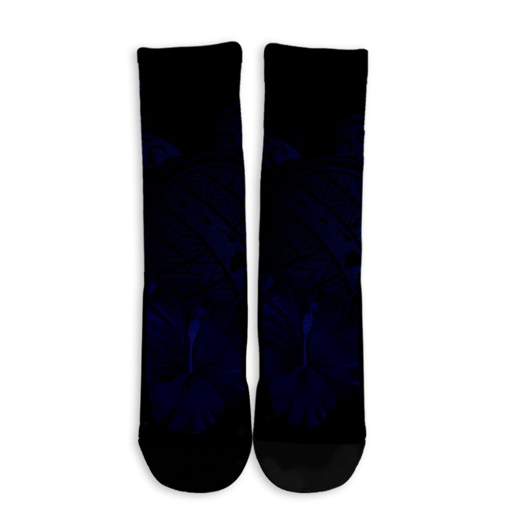 Hawaiian Map Turtle Hibiscus Polynesian Crew Socks - Blue - AH - Polynesian Pride