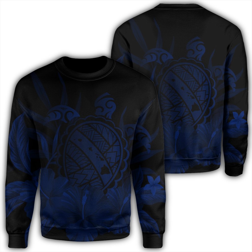 Hawaiian Map Turtle Hibiscus Polynesian Sweatshirt - Blue - AH Unisex Black - Polynesian Pride