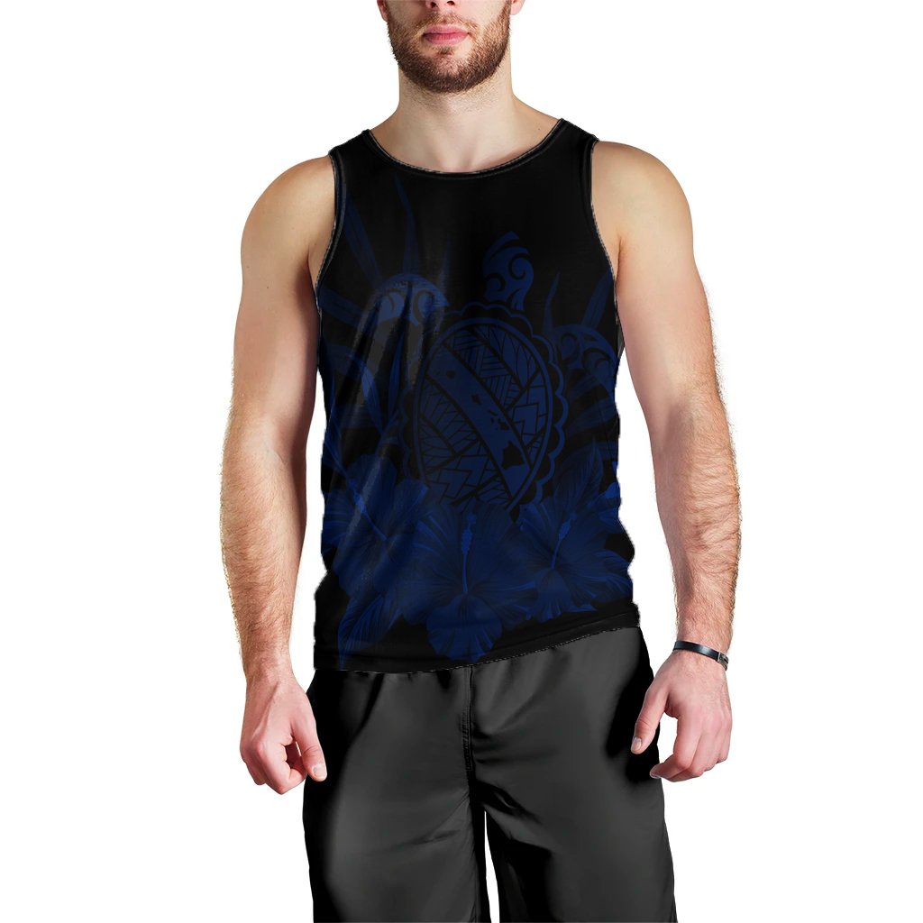 Hawaiian Map Turtle Hibiscus Polynesian Tank Top - Blue - AH Black - Polynesian Pride