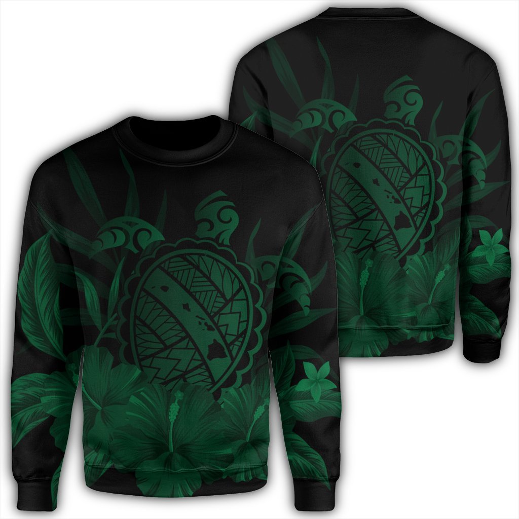 Hawaiian Map Turtle Hibiscus Polynesian Sweatshirt - Green - AH Unisex Black - Polynesian Pride