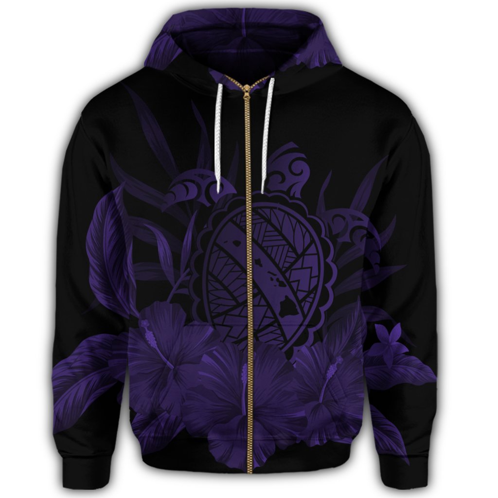 Hawaiian Map Turtle Hibiscus Polynesian Zip Hoodie Purple - Polynesian Pride