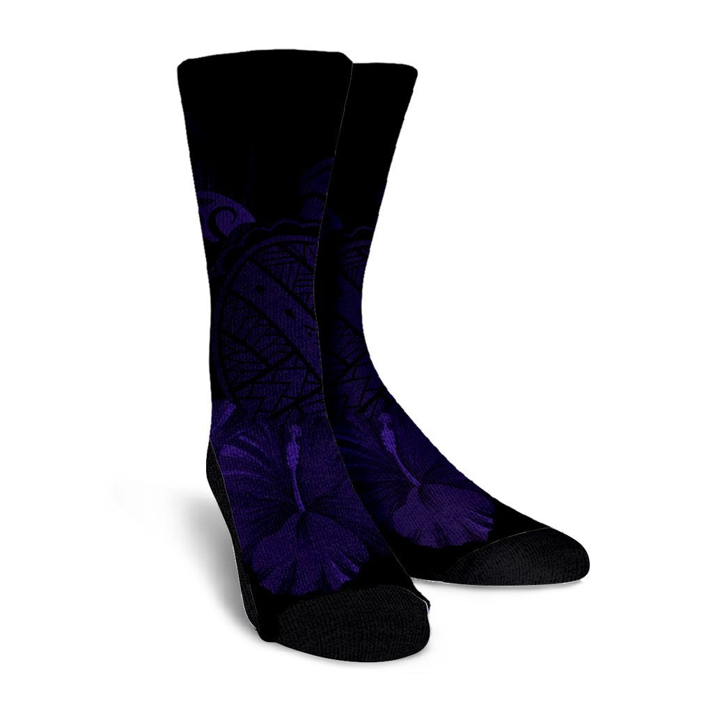 Hawaiian Map Turtle Hibiscus Polynesian Crew Socks - Purple - AH - Polynesian Pride