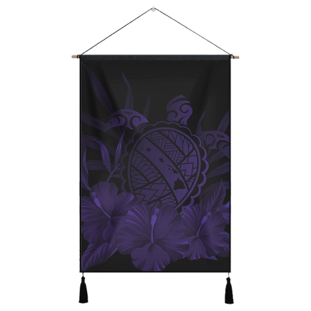 Hawaiian Map Turtle Hibiscus Polynesian Hanging Poster - Purple - AH Hanging Poster Cotton And Linen - Polynesian Pride